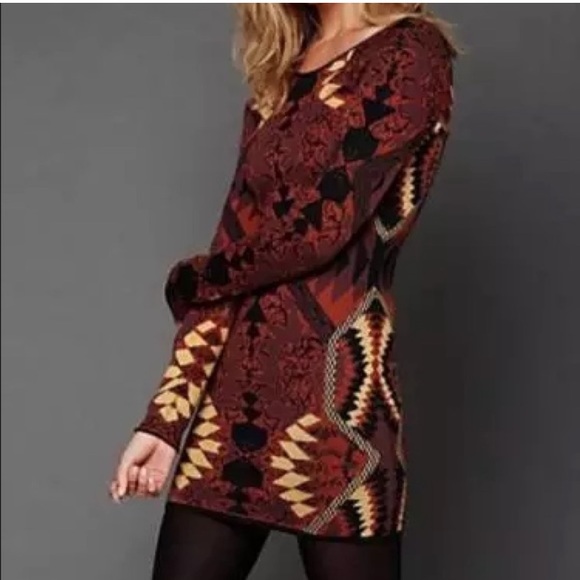 FREE PEOPLE SWEATER DRESS BOHO STRETCH BOHEMIAN PATTERN LONG SLV BODYCON DRESS L - Picture 7 of 17